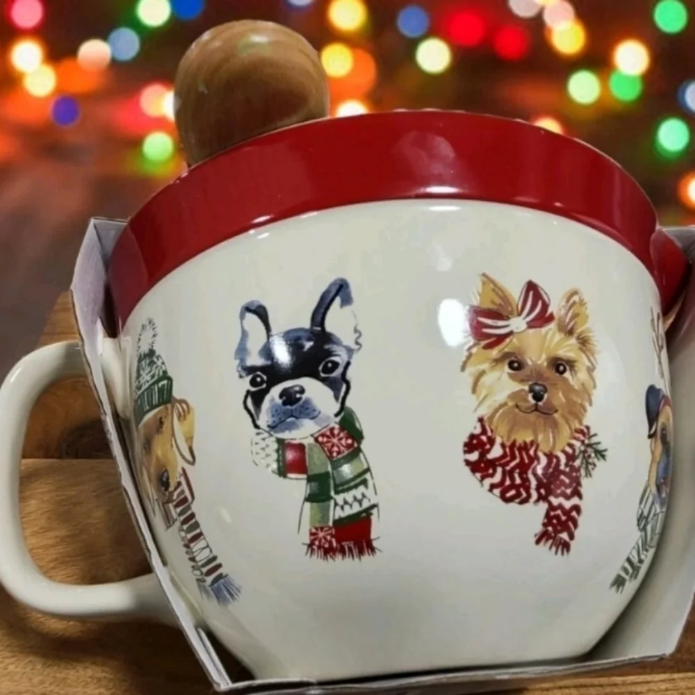 4pc Christmas Pug Boston Terrier Lab Yorkie Dog Mixing Bowl Spatula Spoon Wisk